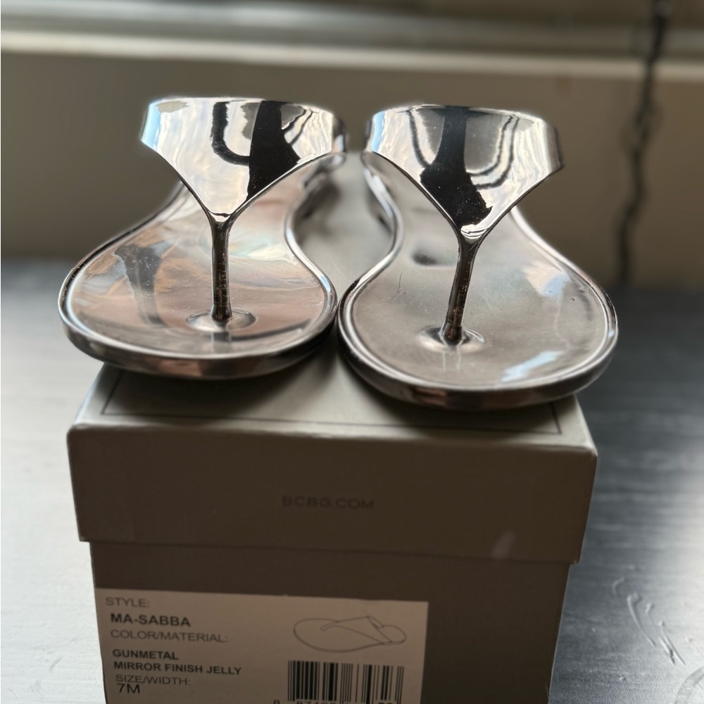 BCBG Gunmetal Mirror Finish Sandals